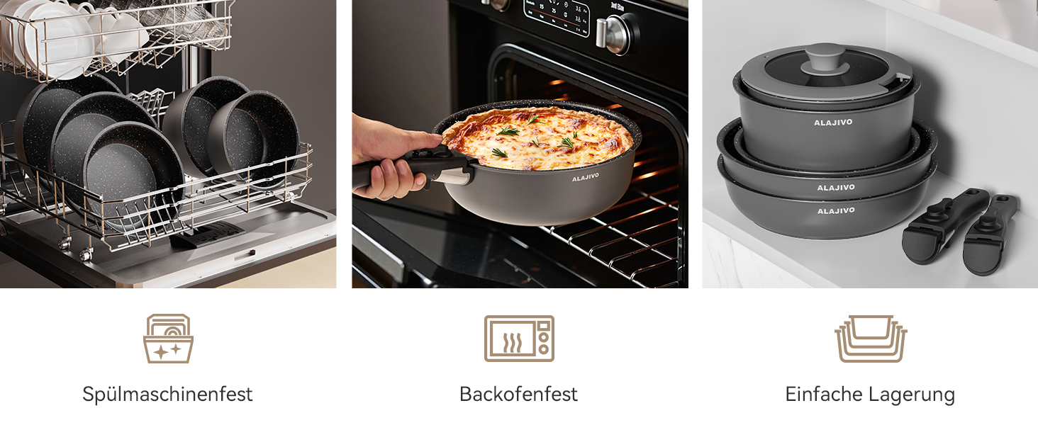 Набір посуду 17 частин з знімним ручками, антипригарне покриття, для всіх типів плит, включаючи індукційні, сумісний з духовкою (сірий)