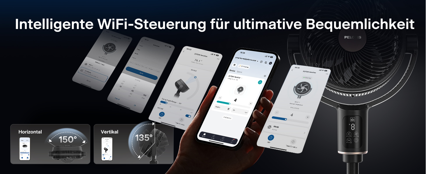 PELONIS вентилятор підлоговий Smart з осциляцією, DC мотор, 9 швидкостей, 26dB, регулювання висоти 36-110см, 9H