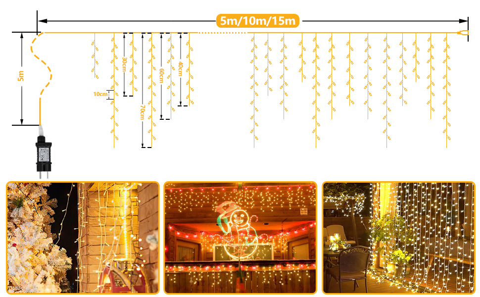 Струнні ліхтарі Jopassy Eisregen 15м 600 світлодіодів, теплий білий, для вулиці/приміщення, вечірки/саду/Різдва