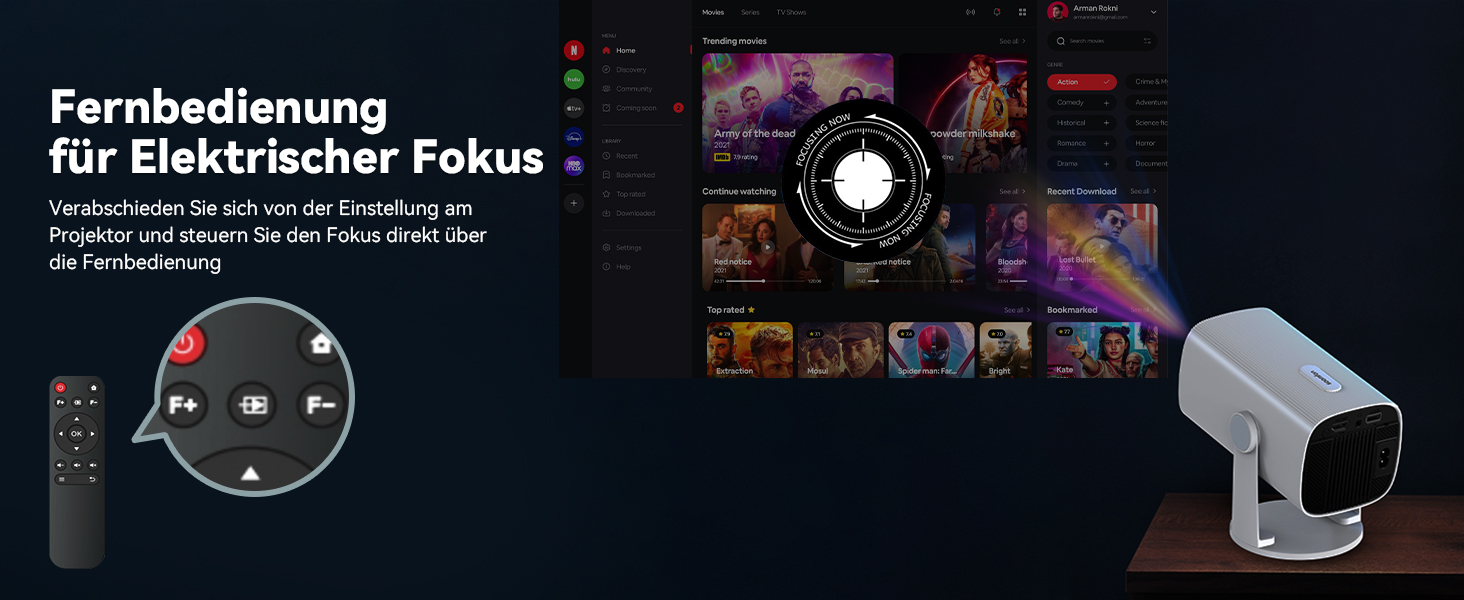 SOOMFON Mini Beamer 1080P: Портативний проєктор з Bluetooth, автотрапецеїдною корекцією та електричним фокусом. Сумісний з iPhone, Tablet, Laptop, TV Stick, HDMI, USB
