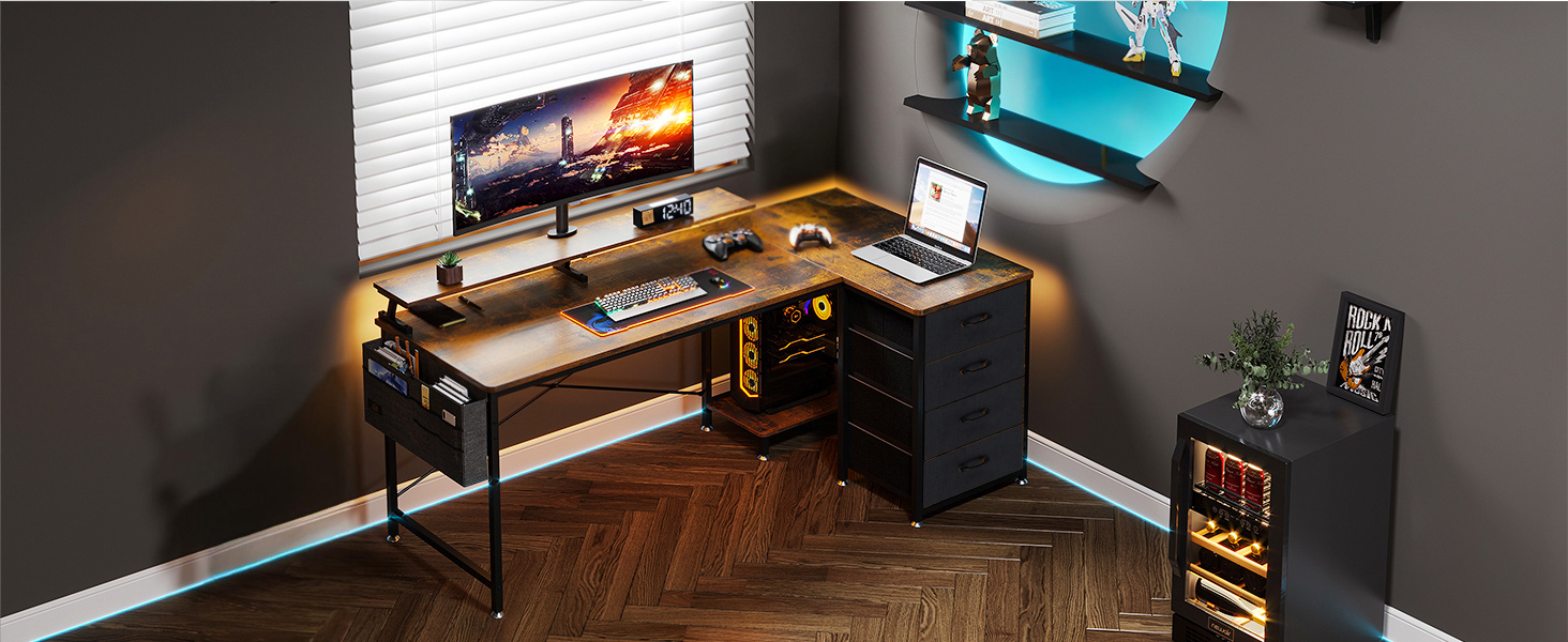 Кутовий стіл ODK L-подібний, 160x80x84.7 см з 4 висувними ящиками та USB-портами для дому та офісу, коричневий