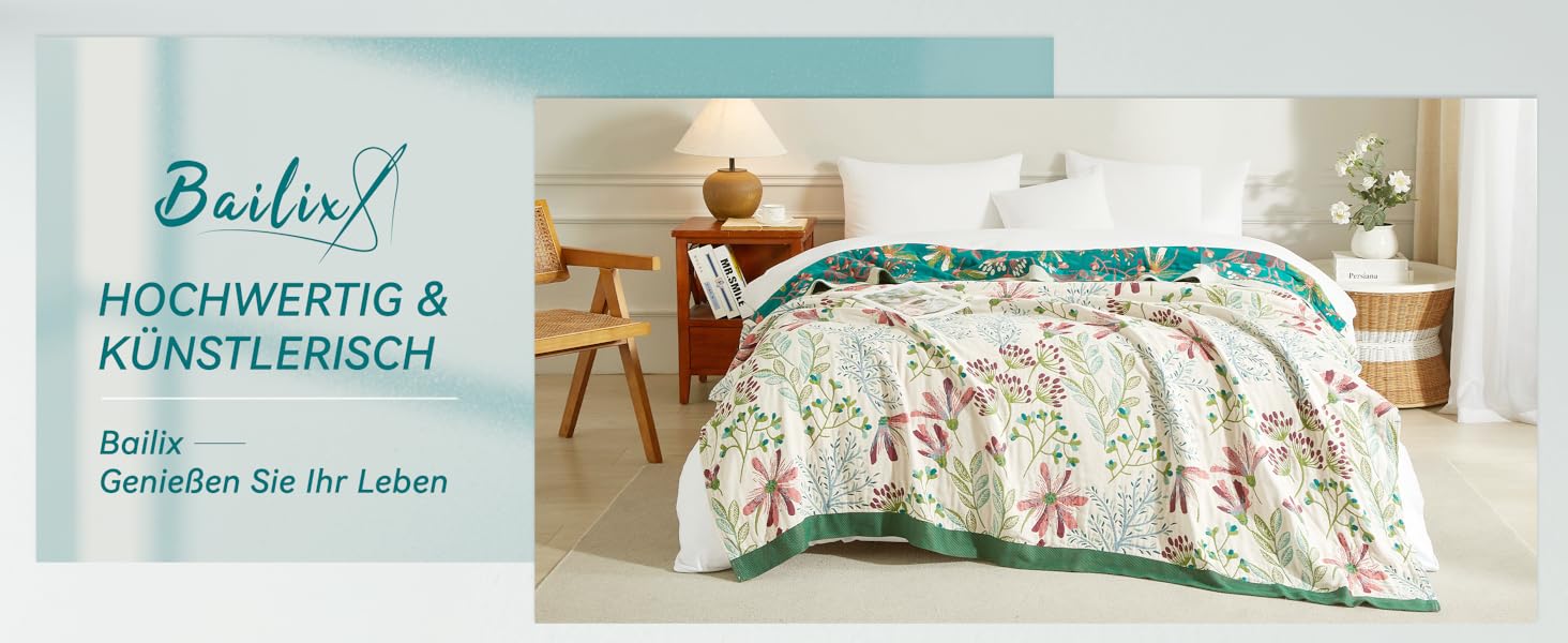 Покривало Bailix Premium Boho з 100% бавовни, двостороння муслінова ковдра 150x200 см, плед для дивана та ліжка в стилі пэчворк, смарагдово-бежевий