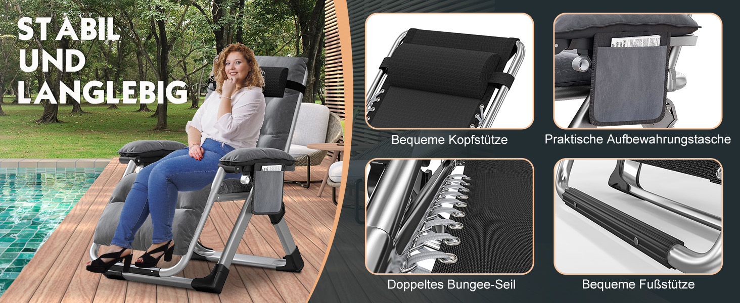Лежак для відпочинку MOPHOTO Zero Gravity - розкладний, 200 кг, з подушкою та кишенею, для саду, балкону, тераси (сірий)