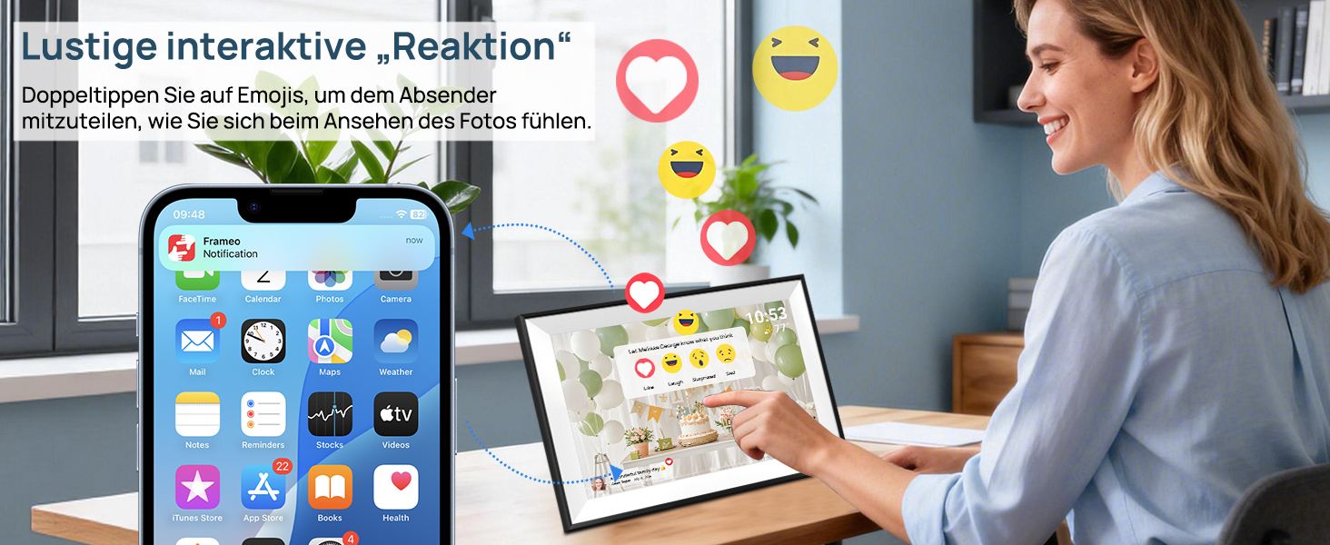 Цифрова фоторамка Frameo 10.1 дюймів WLAN, Full HD IPS сенсорний екран 1280x800, 32GB пам'ять, автоматичний поворот, можливість монтажу на стіну, керування через додаток Frameo (Чорна з білою рамкою)