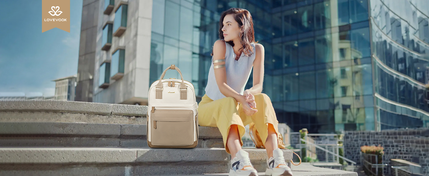 LOVEVOOK Рюкзак для жінок, 15.6 дюймів, рюкзак для ноутбука, рюкзак для подорожей, водонепроникний, сумка для роботи, рюкзак, жіноча шкільна сумка, для підлітків, дівчаток, елегантний, для школи, університету, подорожей, роботи, офісу, Бежевий, 15.6 дюймів, A-beige & Khaki