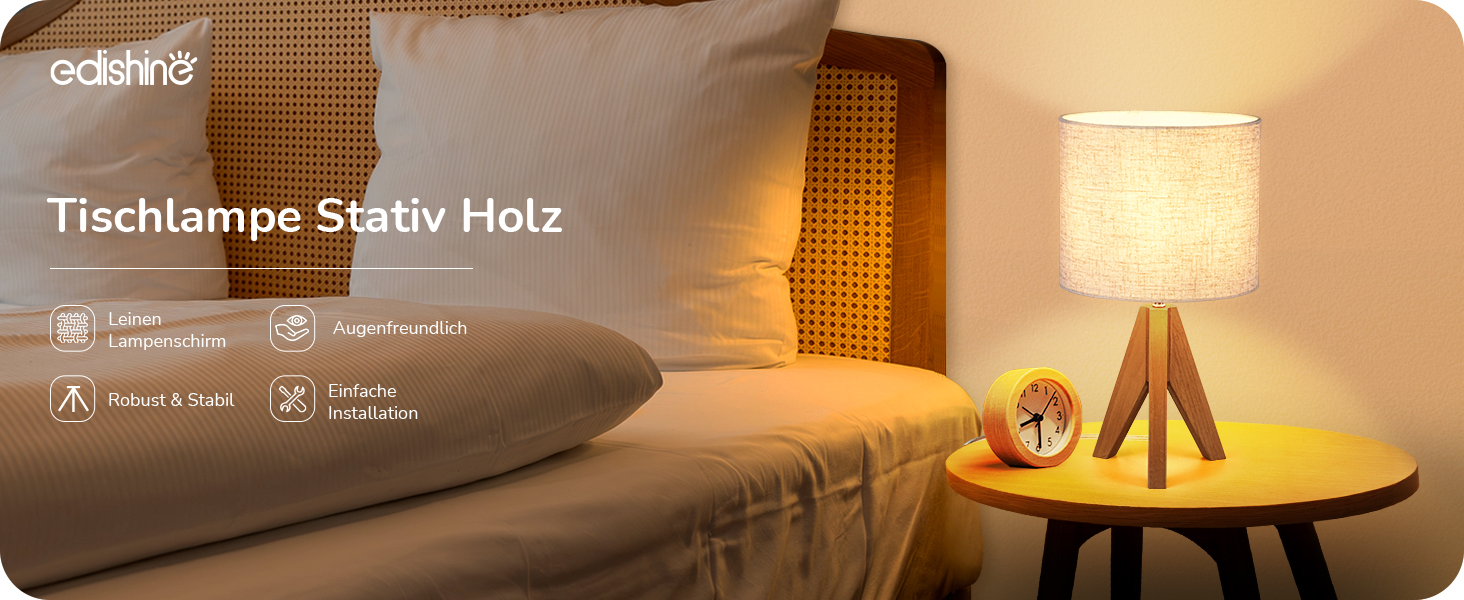 LED настільна лампа EDISHINE з ручним плетінням абажуру та дерев'яним штативом, 2700K тепле світло, бохо стиль для спальні, вітальні та готелю, з лампою E27 4W (сучасний дизайн)
