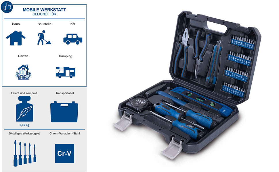 Набір інструментів Scheppach 97 предметів у пластиковому кейсі: викрутки, біти, шестигранники з гумовими ручками