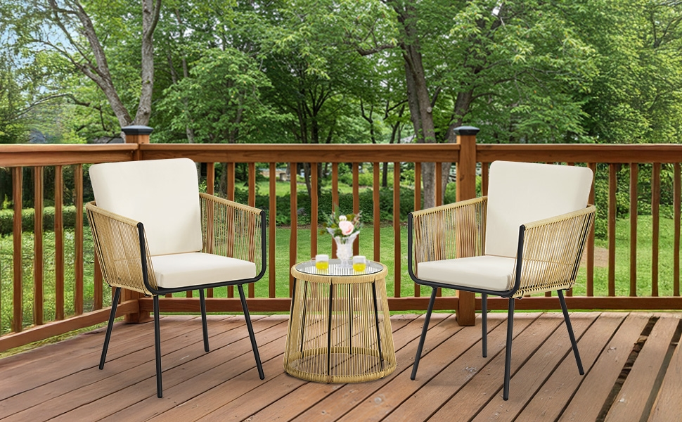 Набір садових меблів Yaheetech з ротангу для балкона: 2 крісла з подушками та стіл зі скляною стільницею, світло-коричневий/кремовий