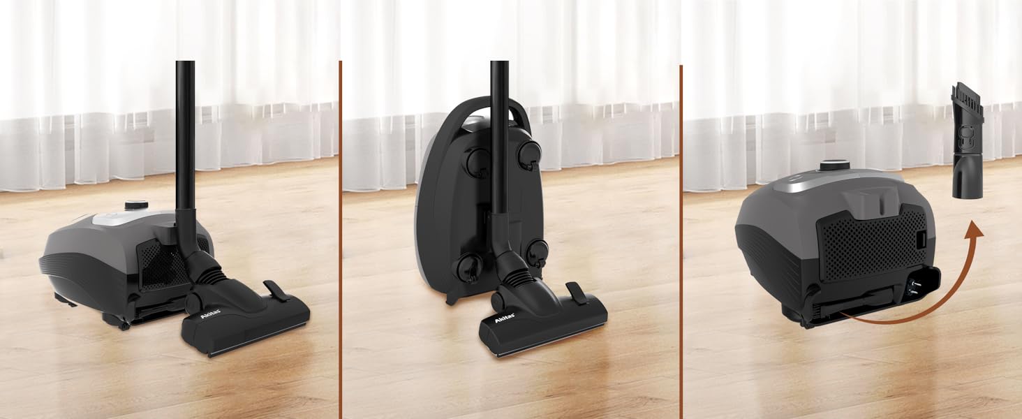 Пылесос Akitas C11 900W с мешком – сетевой шнур 7 м, радиус действия 10 м, тихая работа 70 дБ, с дополнительной насадкой для пола, регулируемая мощность всасывания, большой объем, для твердых полов и ковров