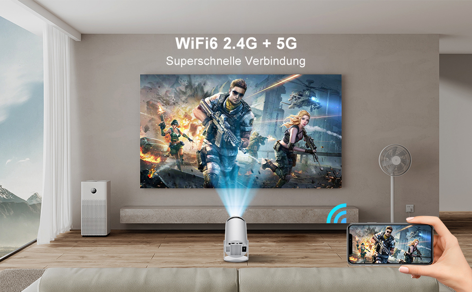 Міні проектор Salange HY300Pro+ 4K з Wi-Fi 6, Bluetooth 5.2 та Android 11.0 для домашнього кінотеатру. Підтримка 180° повороту, сумісний з телефоном, Xbox, ноутбуком, TV Stick, USB. Білий колір.