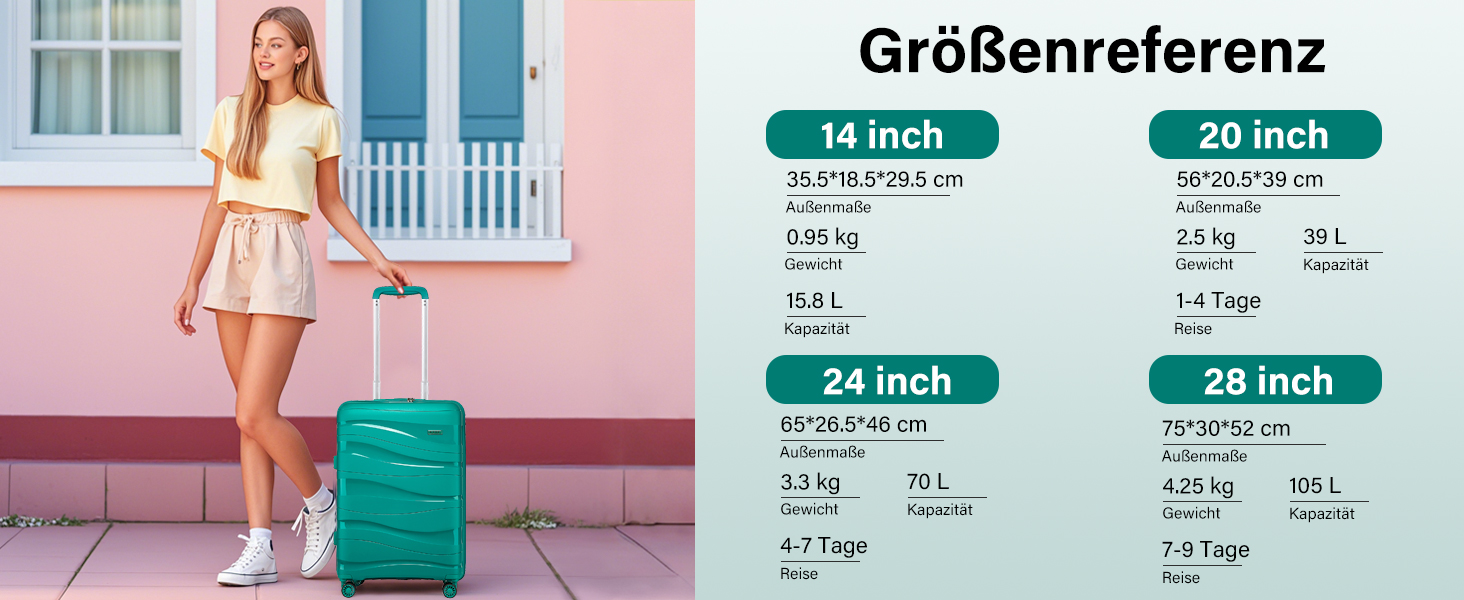 KONO Чемодан середнього розміру 65см з поліпропілену з TSA замком, 65x46x26.5см (Зелений)