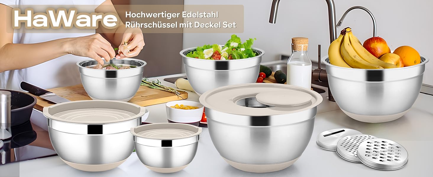 Набір мисок HaWare 6 шт. з нержавіючої сталі з кришками та набором терок, 4.6л/2.8л/2.5л/1.6л/1.2л/0.7л, з силіконовим дном, для миття в посудомийній машині