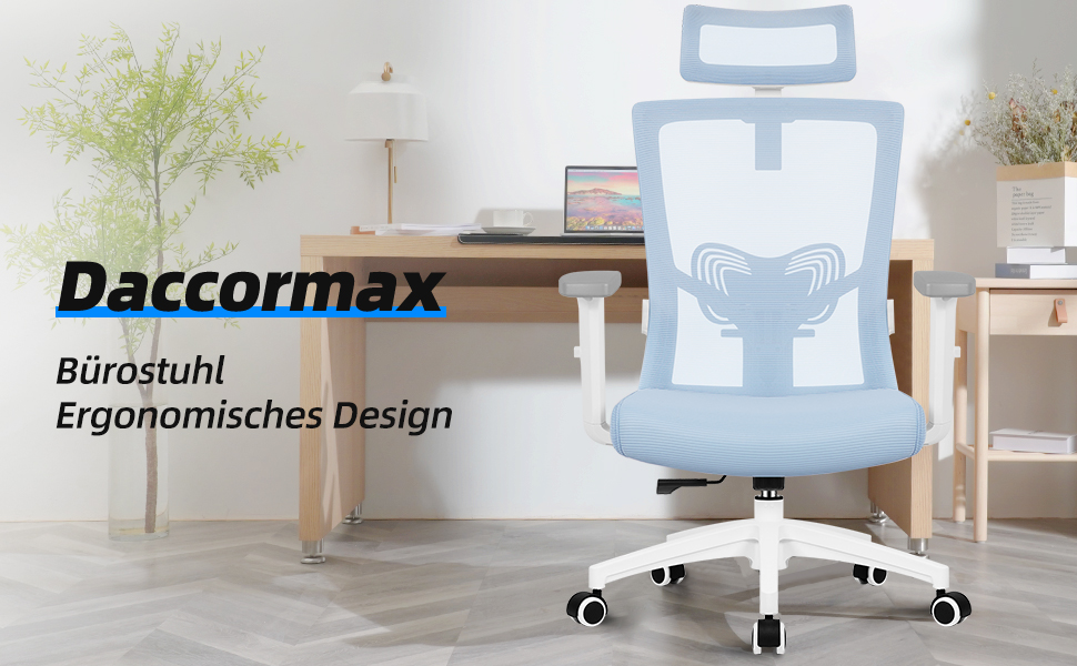 Ергономічне крісло Daccormax для офісу, регульована підголовник, підлокітники, підтримка попереку, поворотний механізм, функція гойдання, офісне крісло з сітки, для спини, 150 кг, блакитний колір