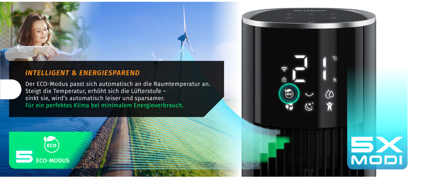 Brandson ECO GREEN Турельний вентилятор з водяним охолодженням та WiFi (Smart Home/Alexa) - Чорний матовий