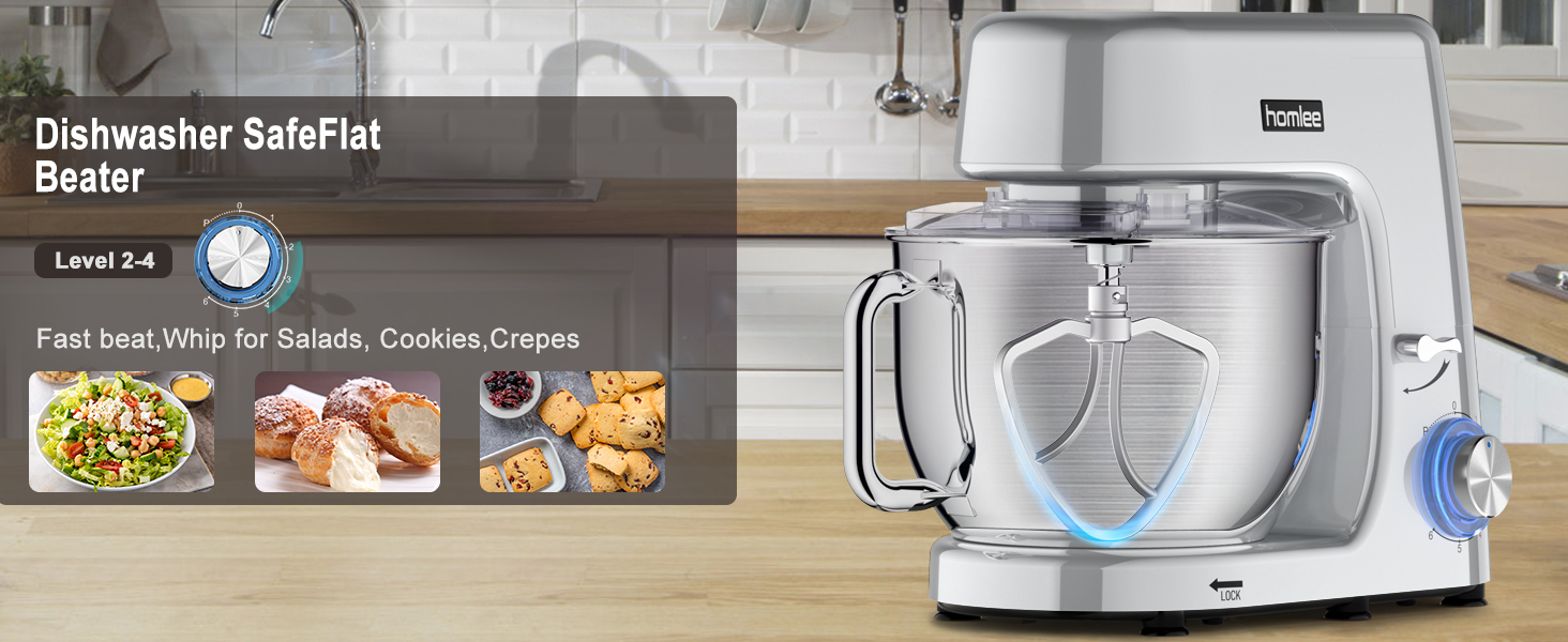 Потужна кухонна машина 1800W з великою чашею 7.2 л з нержавіючої сталі, міксер, насадки для тіста, збивання та насадка-віночок, сріблястий