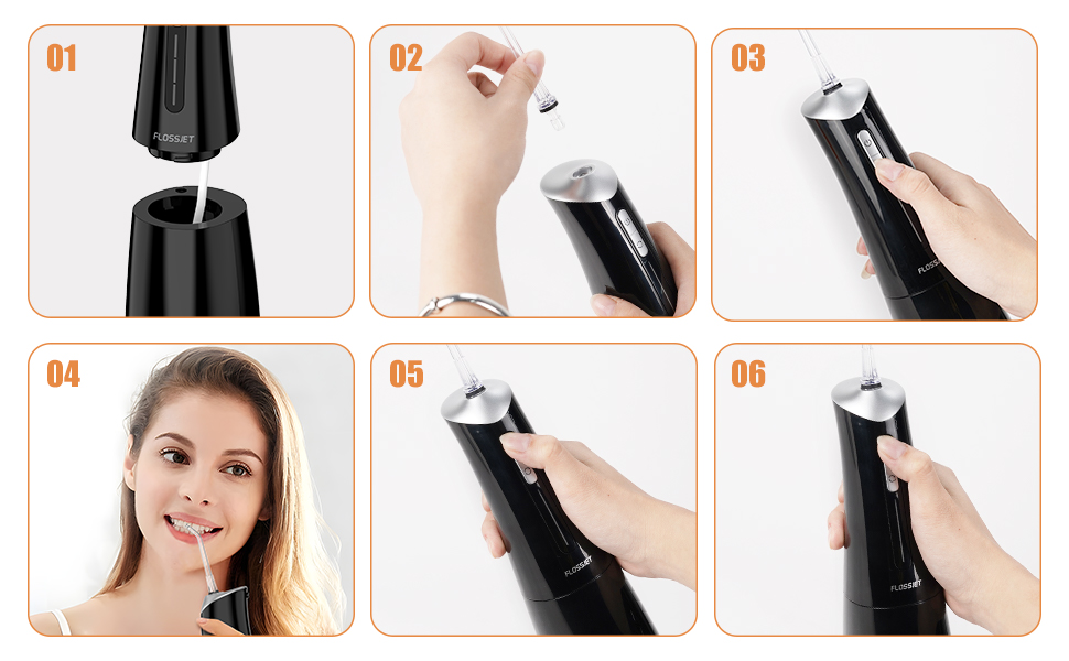 Бездротова електрична ірригатор для порожнини рота FlossJet з 4 режимами, 5 насадками, об'єм 300 мл, USB-C, чорний