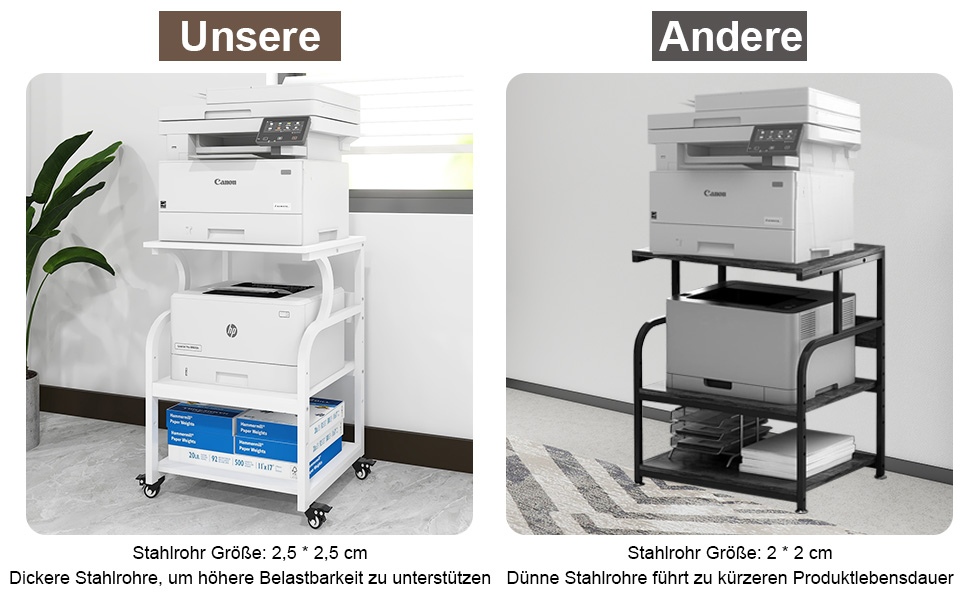 Регульований стіл для принтера PUNCIA з 3 ящиками, 60 x 50 см, на коліщатках, з дерева та металу, білий