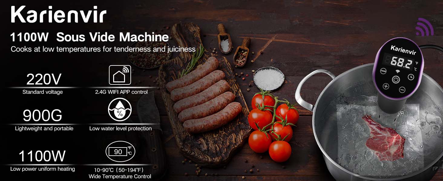 Sous Vide занурювальний кухонний термостат Karienvir 1400W з LCD-дисплеєм, Wi-Fi, IPX7, таймером, фіолетовий