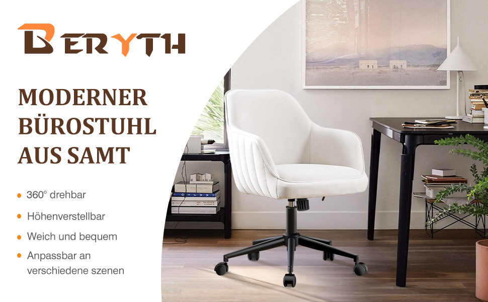 Офісне крісло BERYTH для дому та офісу, з велюру, до 136 кг, регульоване по висоті, поворотне на 360°, з м'якими роликами, для навчання, спальні, домашнього офісу, біле