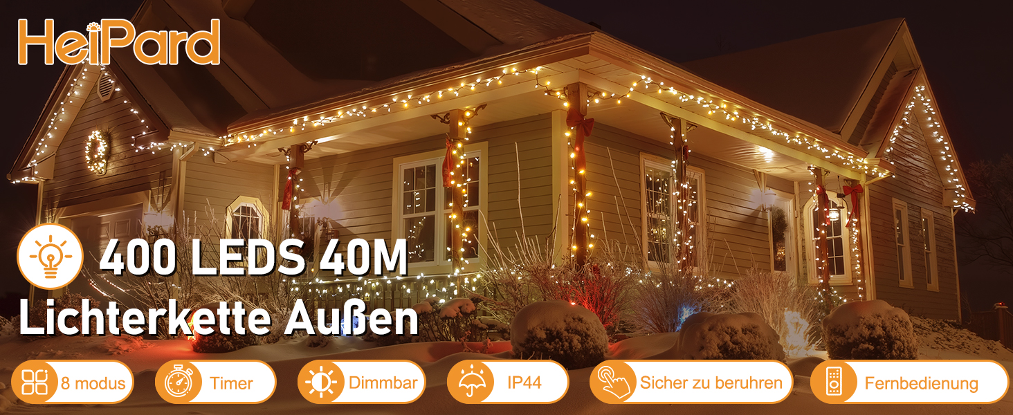 Гірлянда світлодіодна 40м, 400 LED, для прикраси ялинки та декору, вологостійка, з пультом, таймером, димуванням, теплий білий колір, для дому та саду