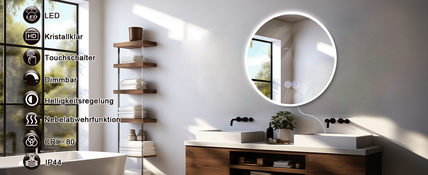 Круглий дзеркало для ванної кімнати з підсвічуванням Mursche - LED дзеркало для ванної кімнати, 60 см, IP44, з сенсорною панеллю