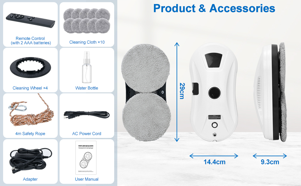 Робот для миття вікон Umelee з функцією розпилення води, 2800 Па, 10 мікрофібрових серветок, для внутрішніх та зовнішніх вікон