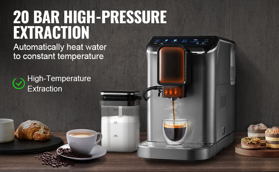 VEVOR Кавомашина автоматична, вбудована кавомолка, 15 ступенів помелу, резервуар для води 1,5 л, контейнер для кавових зерен 180 г (CM9002M-CB)