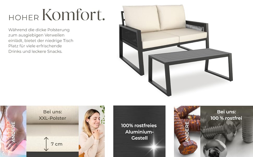 Набір садово-розсудних меблів tectake® Rope Design для саду/балкону: 2 крісла, диван, стіл з імітацією дерева, 4 посадочні місця, з подушками, вологостійкий