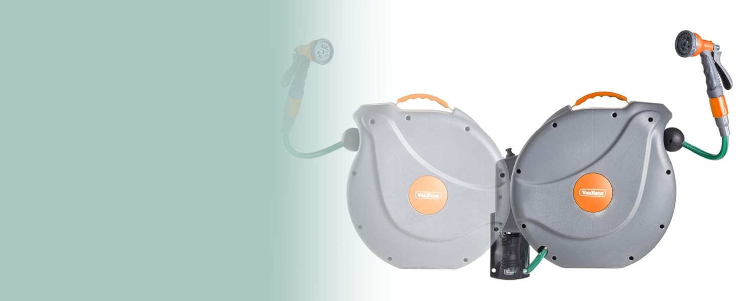 Шланговий барабан VonHaus 30м з автозмотуванням, поворотний на 180°, 8 функцій, пістолет для поливу