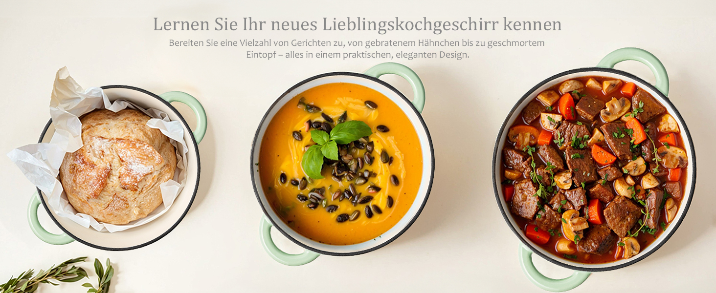 Чавунна казан-каструля Overmont з емалевим покриттям 26см, 5.2л, Bean Green — універсальний горщик для тушкування та запікання з кришкою та кулінарною книгою