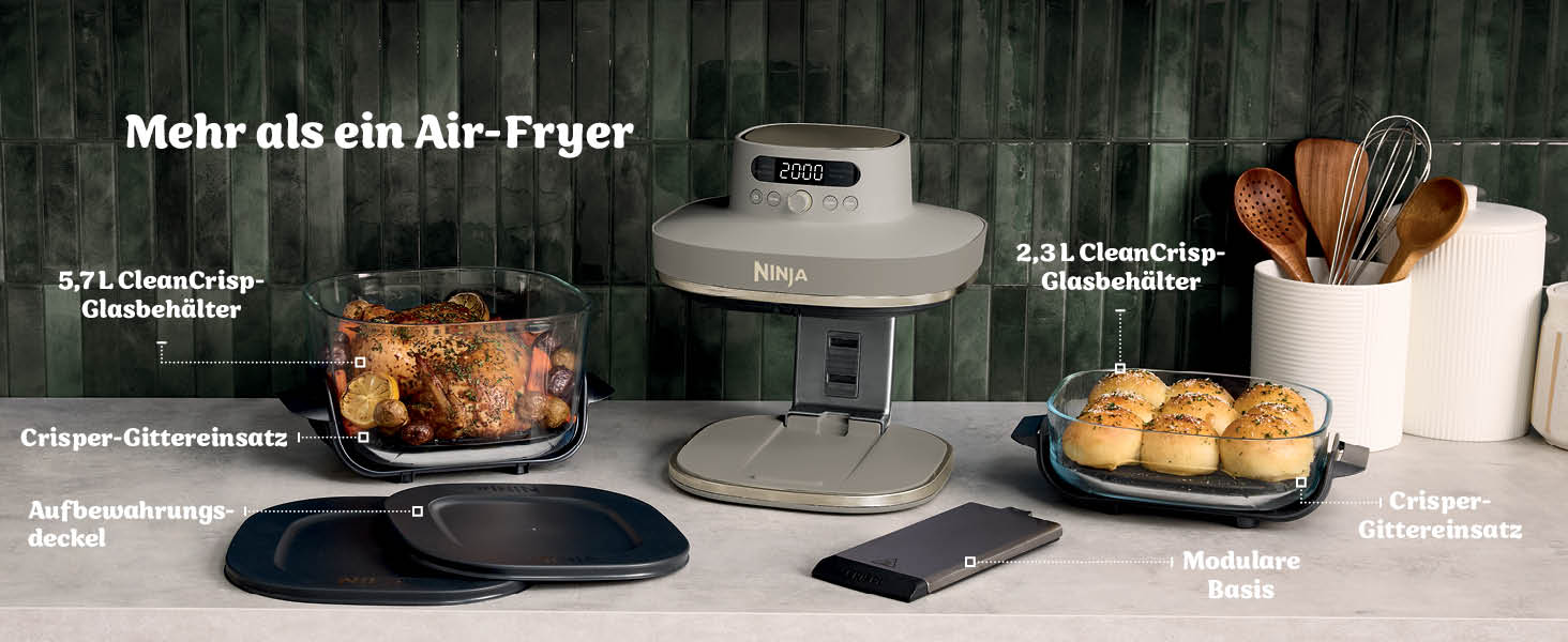 Скляна аерофритюрниця Ninja CRISPi PRO XL Air Fryer з 5 функціями, контейнерами CleanCrisp (5,7 л та 2,3 л) та кришкою для зберігання, AS090EUGN (Stone Gold)
