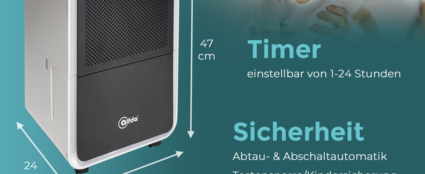 Електричний осушувач повітря AEF2000 - 20 л/день, до 30 м², тихий, з автовимкненням, гігростат, сенсорне дисплеї - для спальні та ванної кімнати