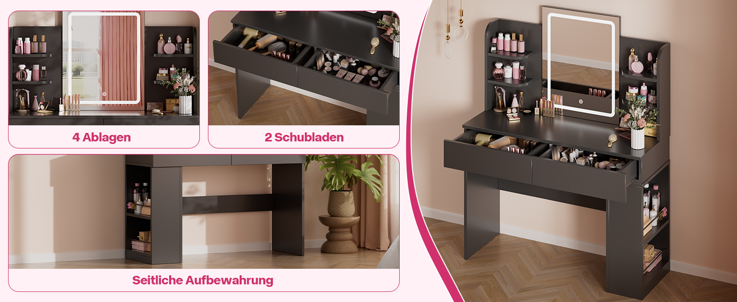 Великий туалетний столик Airfish з підсвічуванням 108x40 см, з дзеркалом та полицями, 2 шухляди, регульована яскравість, 3 кольори, для спальні/вітальні (білий туалетний столик) (чорний туалетний столик)