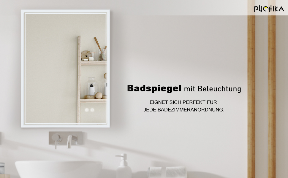 Дзеркало для ванної кімнати Puchika з підсвічуванням LED, 50x70 см, настінне, регульоване, тепле/холодне/нейтральне світло 3000-6400K, IP44, сенсорне керування, антизапар, годинник