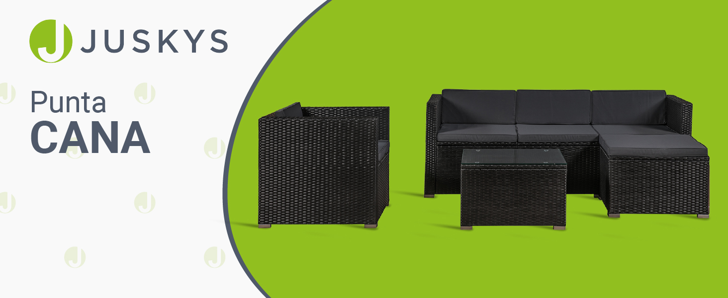 Садовий комплект меблів Juskys Polyrattan Punta Cana для 4-5 осіб: диван, крісло, пуф, стіл, подушки - чорний/сірий