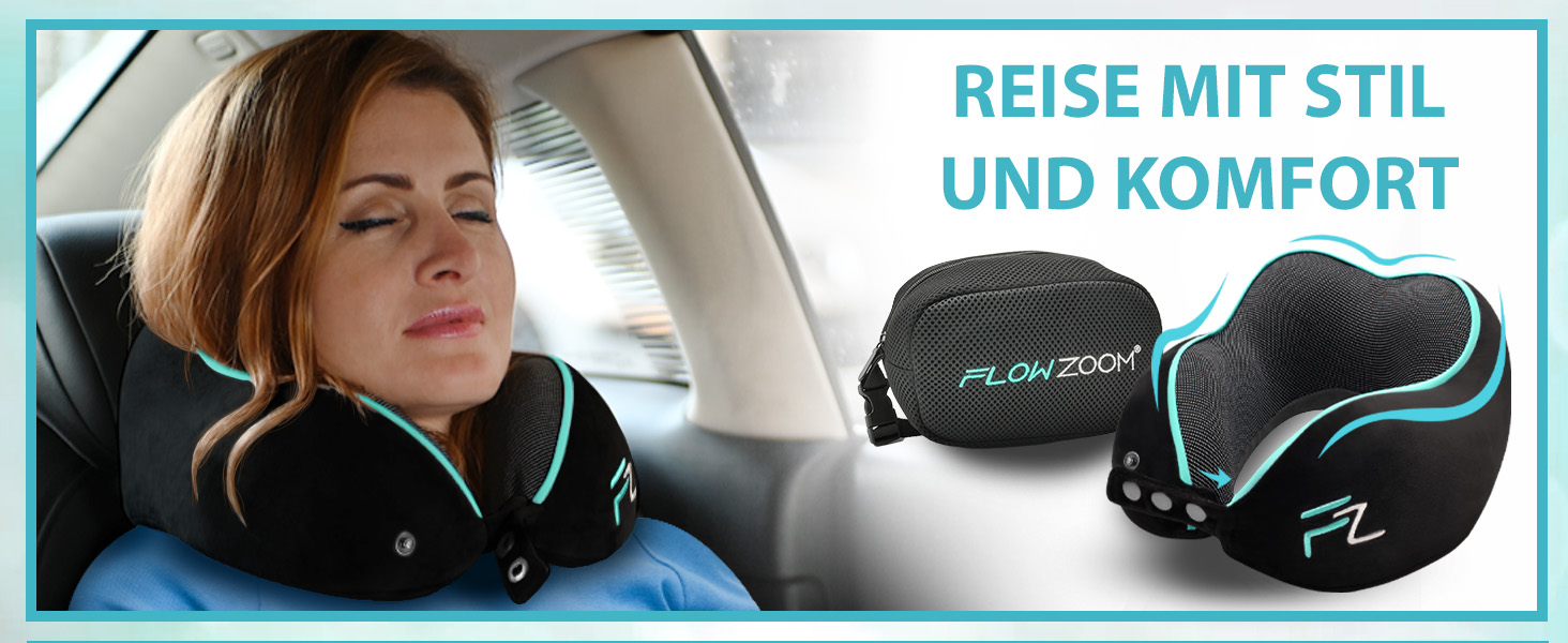 Подушка для шиї FlowZoom Comfy: регульована, з memory foam, для авто та літака - 360° підтримка, дихаючий чохол, чорна