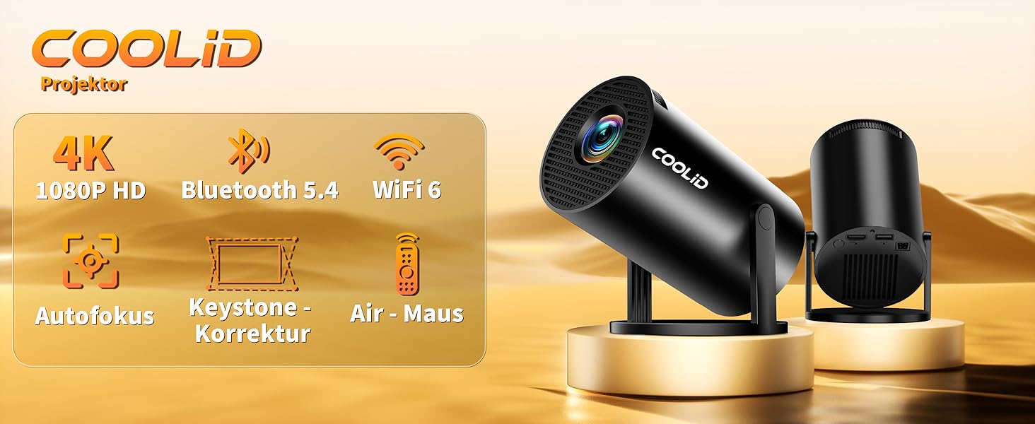 Портативний проєктор Mini Beamer 4K Full HD з Wi-Fi 6, Bluetooth 5.4 та автоматичною корекцією трапецеїдальних спотворень. Підтримка 4K, Full HD, 1080P. Сумісний з TV Stick, USB, Laptop, PC. В комплекті миша та пульт дистанційного керування. Чорний колір.