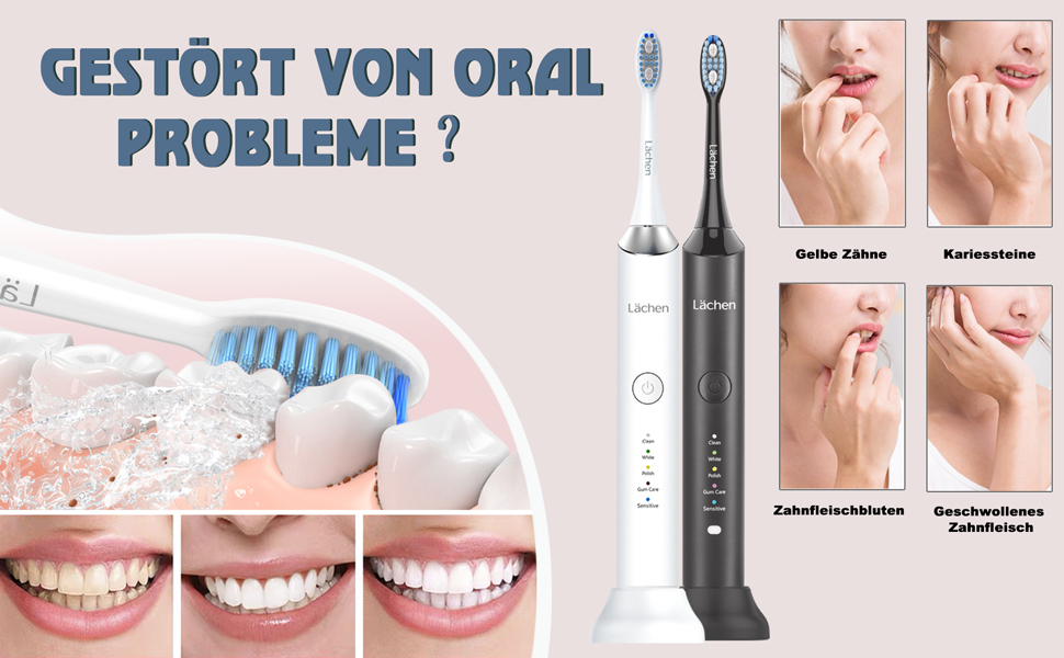 Електрична зубна щітка Lächen Schallzahnbürste (подвійний набір), 2 ручки та 2 футляри для подорожей, 5 режимів, 10 насадок (білий & чорний)