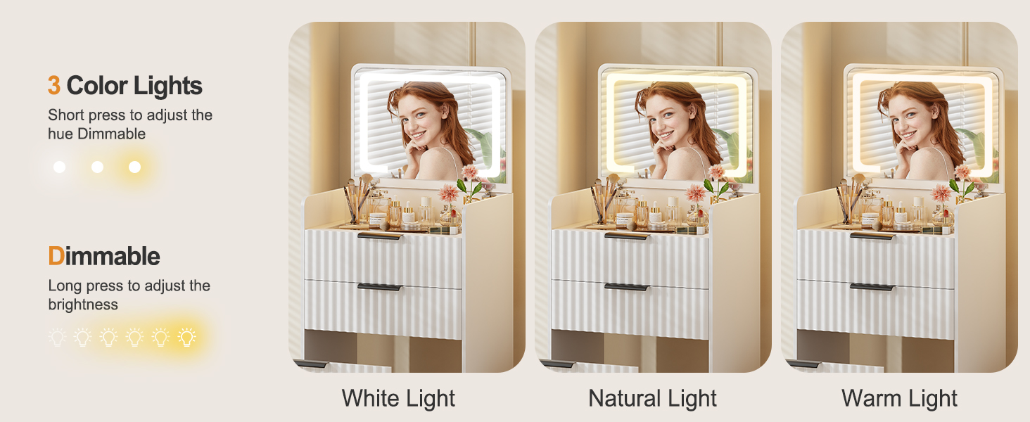 Трюмо Lvifur з LED-дзеркалом та 3 висувними ящиками, кутовий, для спальні, квартири, гуртожитку, білий