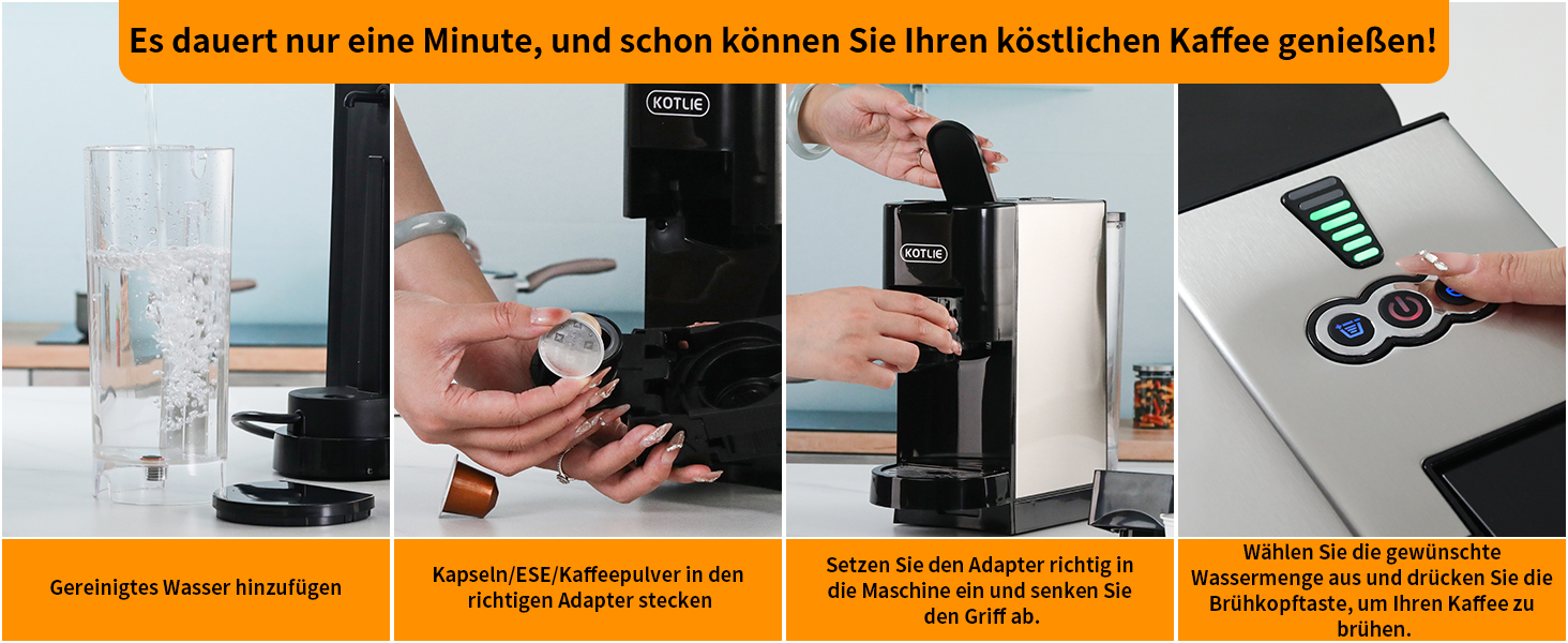Кавомашина KOTLIE Espresso 4-в-1 для NES/Dolce Gusto/меленої кави/ESE (44мм), 19 Бар, Чорна