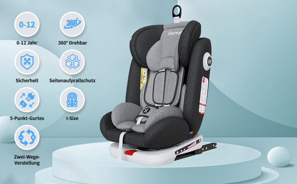 Автокрісло Fourward для дітей 0-36 кг, 360° обертання, ISOFIX, 5-точкова система безпеки, чорний колір