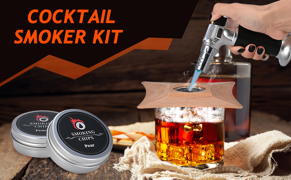 Набір для копчення коктейлів GOLDGE: набір для віскі з 6 видами дерев'яної стружки, ліхтарик, каміння для віскі. Подарунок для батька, чоловіка