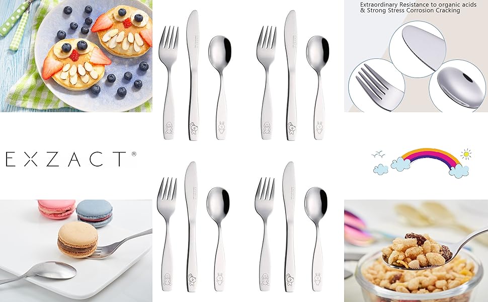Набір дитячого столового прибору Exzact Edelstahl (12 шт.) - 4 виделки, 4 ножі, 4 ложки (Собака, Кіт, Заєць)