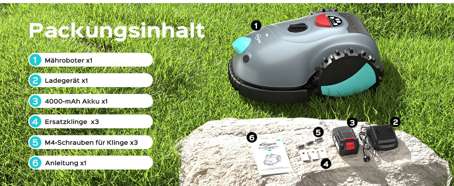 Робот-газонокосилка V100 без обмежувального кабелю з камерою, уникнення перешкод, навігація Vision, акумулятор 4 Ah, 150㎡, запасні леза, спіральне косіння, сірий колір