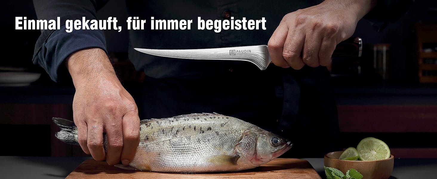 Ніж сантоку PAUDIN з дамаської сталі, 13 см - професійний кухонний ніж для кухні, надзвичайно гострий, з високоякісної нержавіючої сталі та ергономічною ручкою G10 (рибний ніж 18 см)