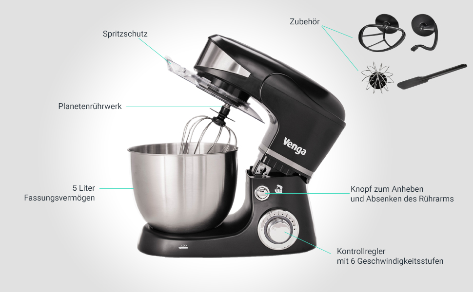 Кухонний комбайн Venga! VG M 3014 Standmixer: 1000 Вт, 5 л чаша з нержавіючої сталі, 4 аксесуари, рецепти, чорний