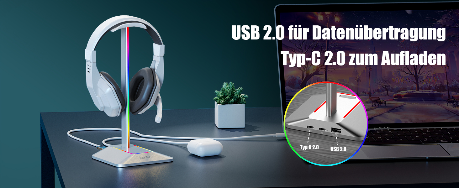 Нова підставка для навушників bee RGB із зарядним пристроєм USB-C та передачею даних для всіх гарнітур (Plateado)