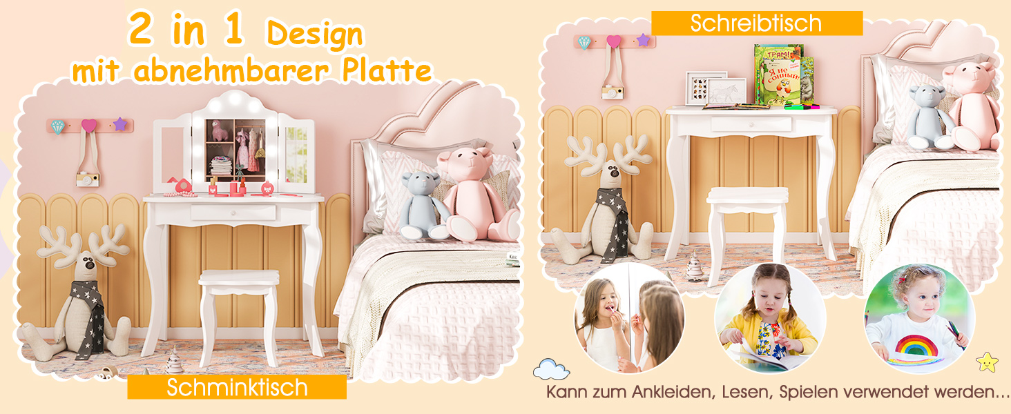 Дитячий столик для макіяжу 2 в 1 з підсвіткою та дзеркалом, COSTWAY, для дівчаток (білий)