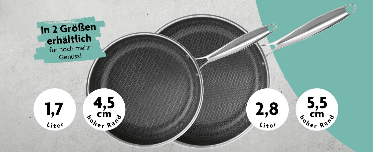 Сковорода Kochwerk Rachs з рифленою поверхнею ⌀28 см | Сковорода з нержавіючої сталі з антипригарним покриттям та високим бортиком | Підходить для всіх типів плит | Стійка до подряпин та придатна для духовки | З рецептами ⌀28 см