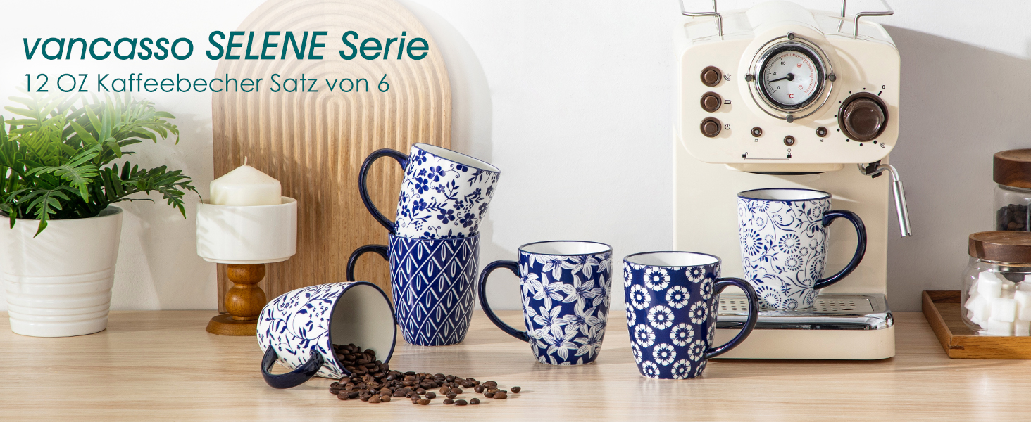 Набір кавових чашок Vancasso Selene, 6 шт., 360 мл, блакитно-білий вінтажний дизайн